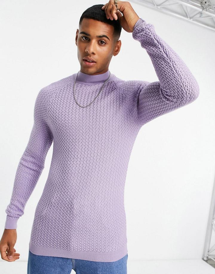 Asos Design Muscle Fit Textured Knit Turtle Neck Sweater In Purple