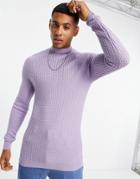 Asos Design Muscle Fit Textured Knit Turtle Neck Sweater In Purple