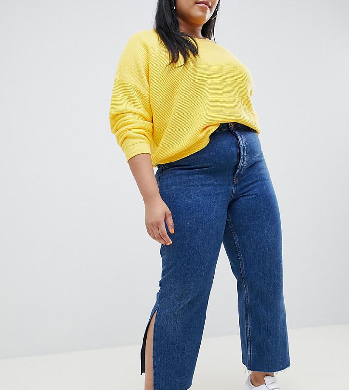 Asos Design Curve Recycled Florence Authentic Straight Leg Jeans With Side Splits In Rich Stonewash Blue