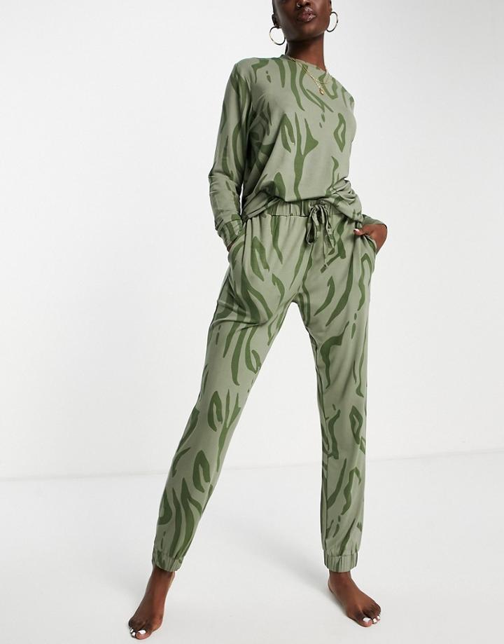 Asos Design Lounge Animal Viscose Sweat & Sweatpants Set In Khaki-green