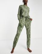 Asos Design Lounge Animal Viscose Sweat & Sweatpants Set In Khaki-green