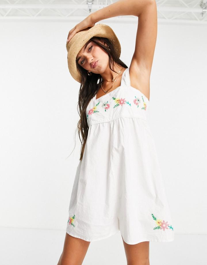 Asos Design Embroidered Square Neck Cotton Romper In White