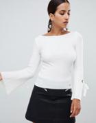 Lipsy Ribbed Long Sleeve Top With Flare Sleeve-white