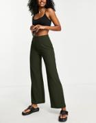 Only Ribbed Wide Leg Pants In Dark Khaki-green