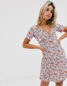Asos Design Mini Button Through Tea Dress In Ditsy Floral - Multi