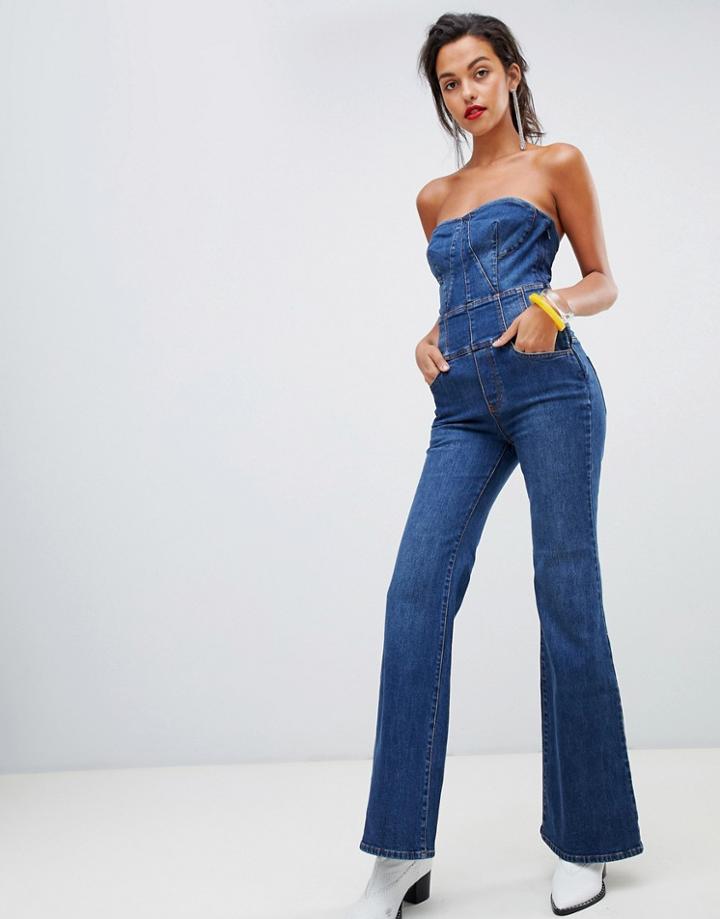 Miss Sixty Crop Flare Strapless Denim Jumpsuit - Blue