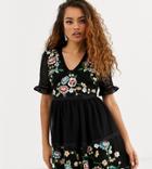 Asos Design Petite Embroidered Mini Dress With Lace Trims-black