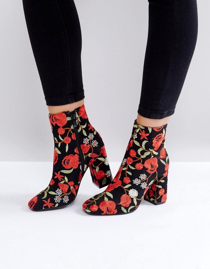 Public Desire Cleo Embroidered Heeled Ankle Boots - Red