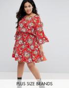 Yumi Plus Skater Dress With Flute Sleeves - Red