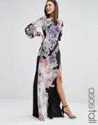 Asos Tall Caftan Sleeved Maxi Dress In Black Floral - Multi