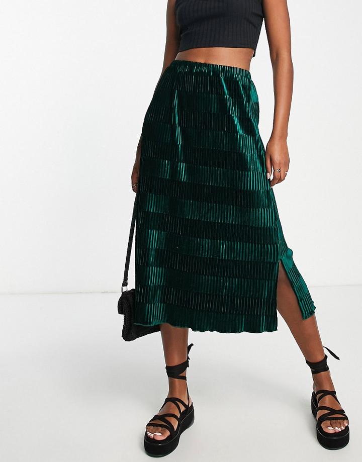 Urban Revivo Crinkle Midi Skirt In Dark Green