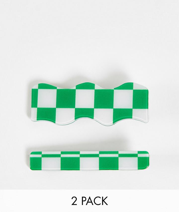 Madein 2 Pack Hair Clips In Green Checkerboard
