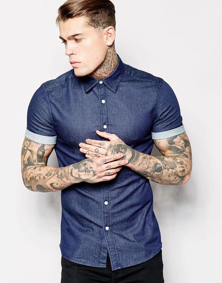 Asos Skinny Denim Shirt With Short Sleeves In Rinse Wash - Rinse Wash