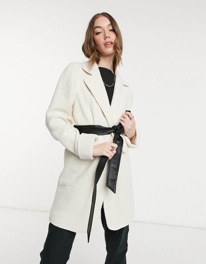 Helene Berman Ruth Coat With Pleather Belt In Cream-white