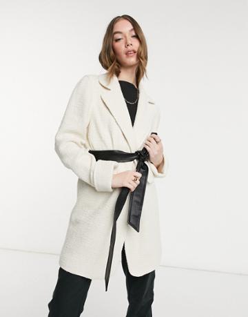 Helene Berman Ruth Coat With Pleather Belt In Cream-white