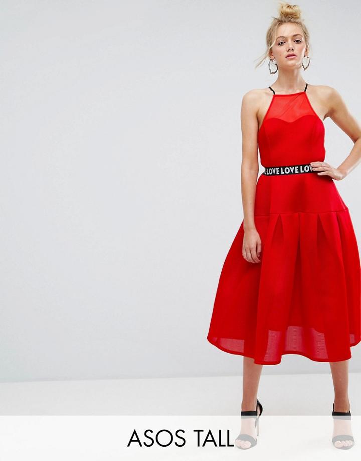 Asos Tall Bonded Mesh Prom Midi Dress With Love Strap - Red