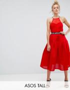 Asos Tall Bonded Mesh Prom Midi Dress With Love Strap - Red