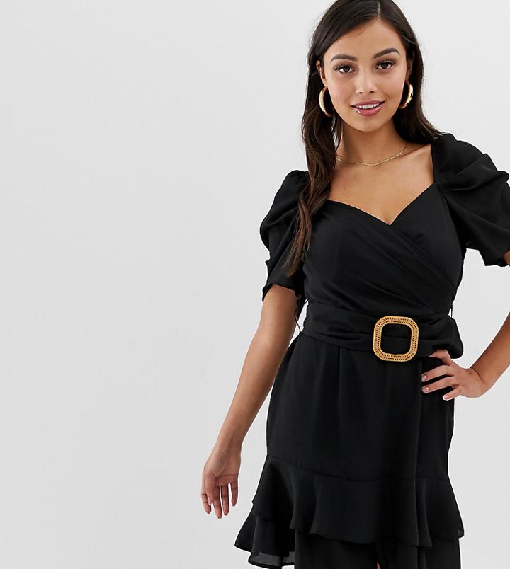 Asos Design Petite Wrap Double Layer Mini Dress With Belt - Black