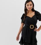 Asos Design Petite Wrap Double Layer Mini Dress With Belt - Black