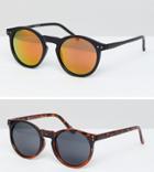Asos 2 Pack Round Sunglasses In Matte Black With Mirrored Lens & Tort Save - Black