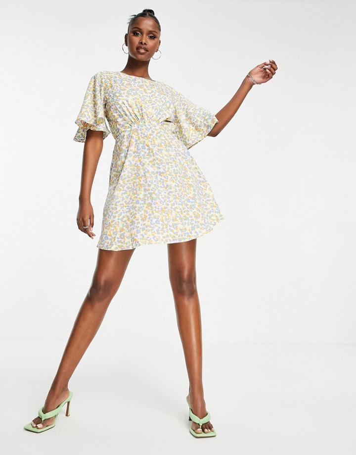 Ax Paris Chiffon Flutter Sleeve Mini Dress In Yellow Animal-multi