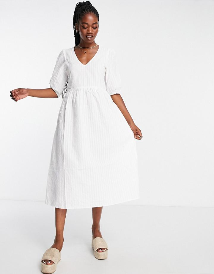Monki Seersucker Puff Sleece Midi Dress In White