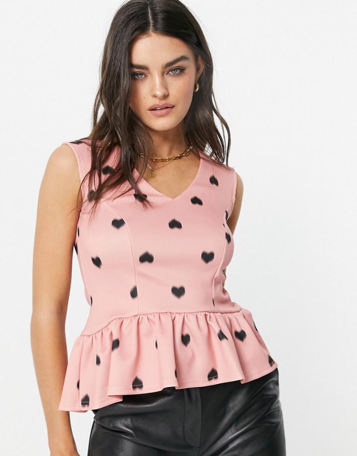 Closet London Peplum Top Set In Pink Heart Print-multi