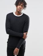 Asos Muscle Fit Ribbed Sweater In Merino Wool Mix - Black