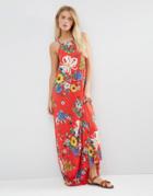 Asos Pleated Cami Maxi Dress Red Floral Print - Multi