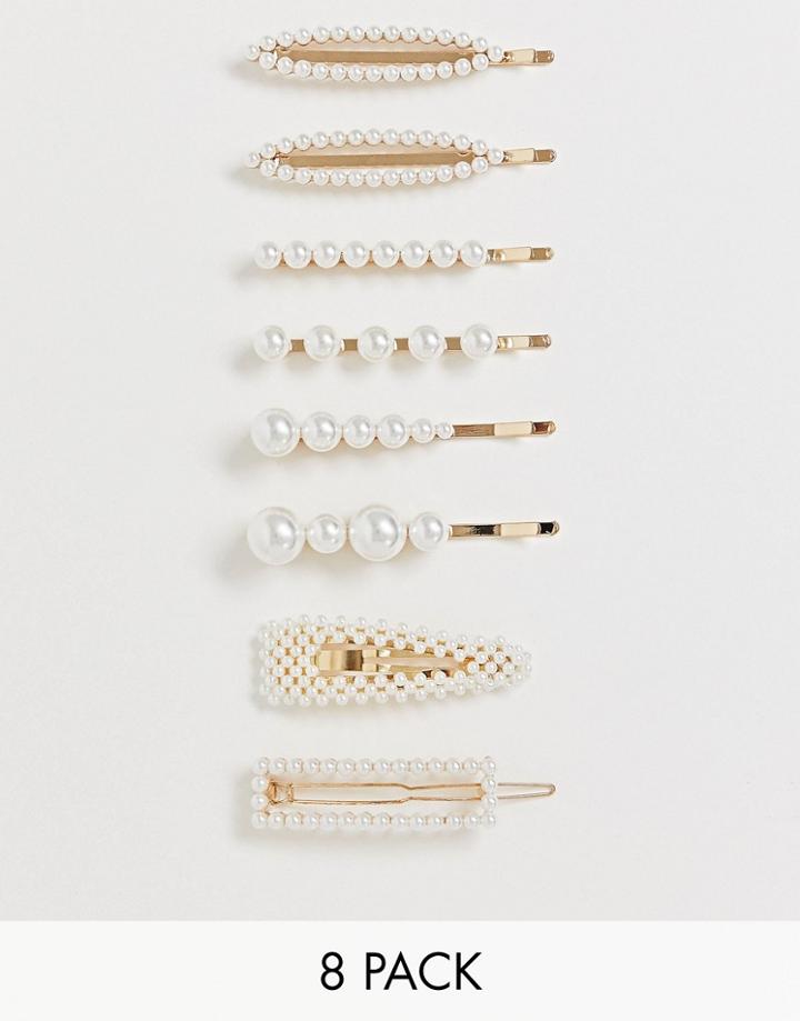Asos Design Pack Of 8 Hair Clips In Mixed Shape Design With Pearls - Cream