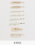 Asos Design Pack Of 8 Hair Clips In Mixed Shape Design With Pearls - Cream