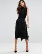 Warehouse Ruffle Spot Midi Skirt - Black
