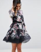 Little Mistress Fall Floral Print Skater Dress - Black