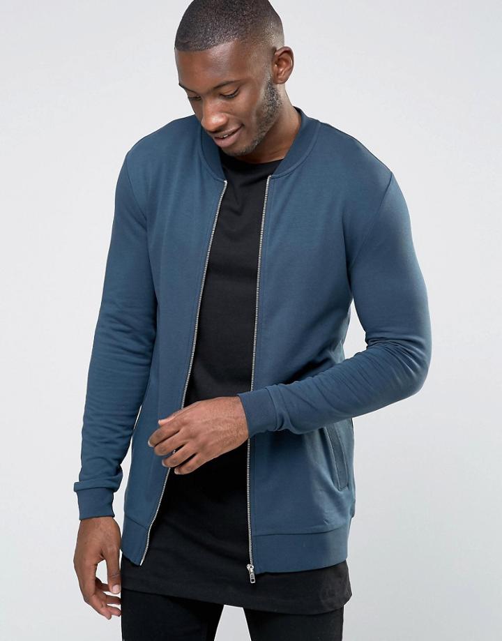 Asos Longline Muscle Fit Bomber Jacket In Lightweight Jersey - Blue
