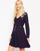 Asos Skater Dress In Knit With Belt - Navy