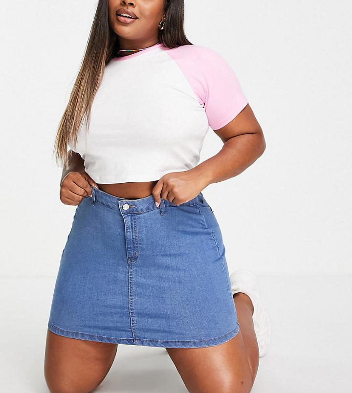 Dtt Plus Clara High Waisted Stretch Denim Skirt In Mid Blue-blues