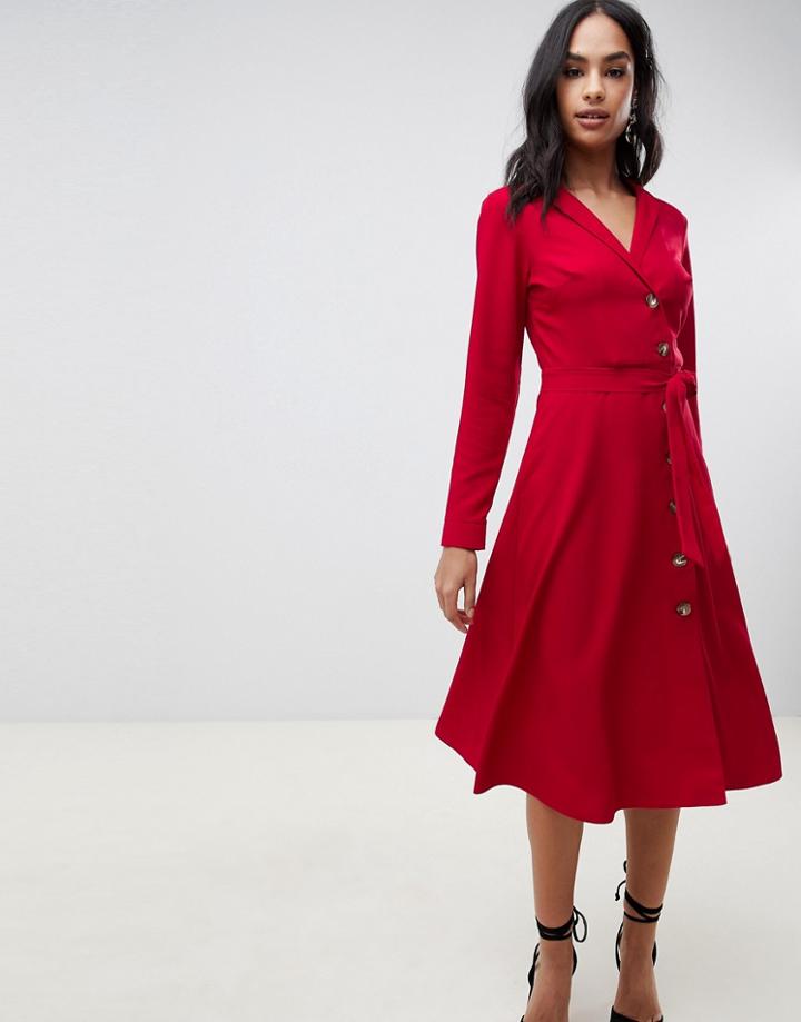Asos Design Midi Shirt Dress With Buttons - Red