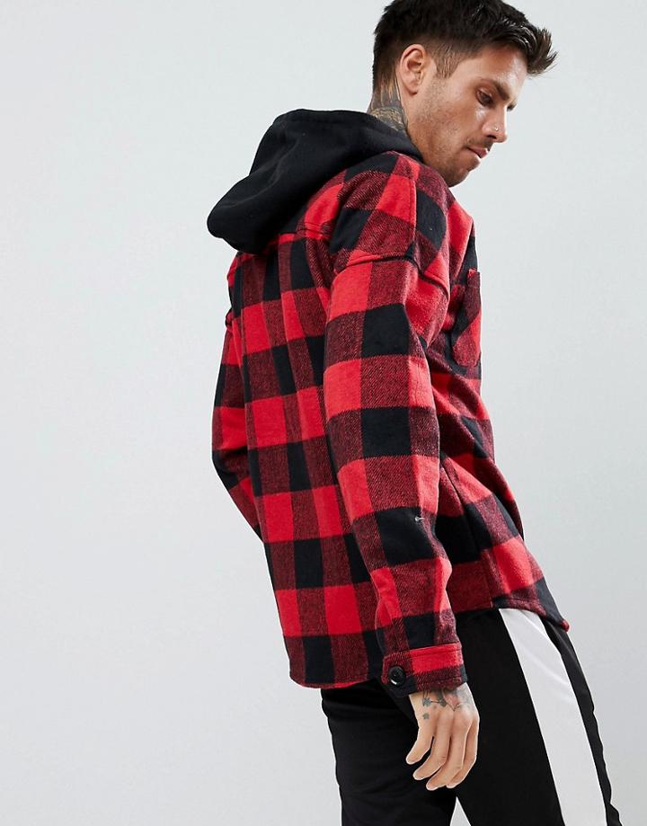 Boohooman Jacket With Zip Hood In Red Check - Red