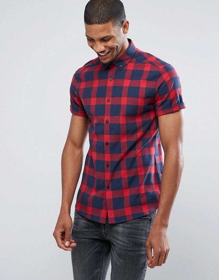 Asos Slim Check Shirt In Navy - Navy