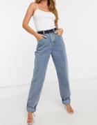 In The Style X Megan Mckenna Straight Leg Frayed Hem Jean In Blue