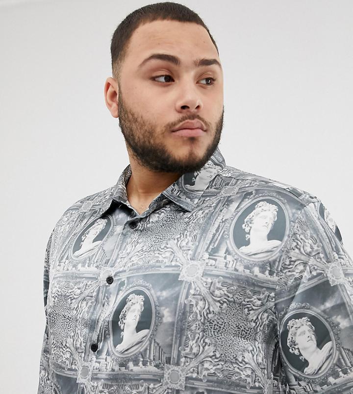 Asos Design Regular Baroque Print Shirt In Gray - Black