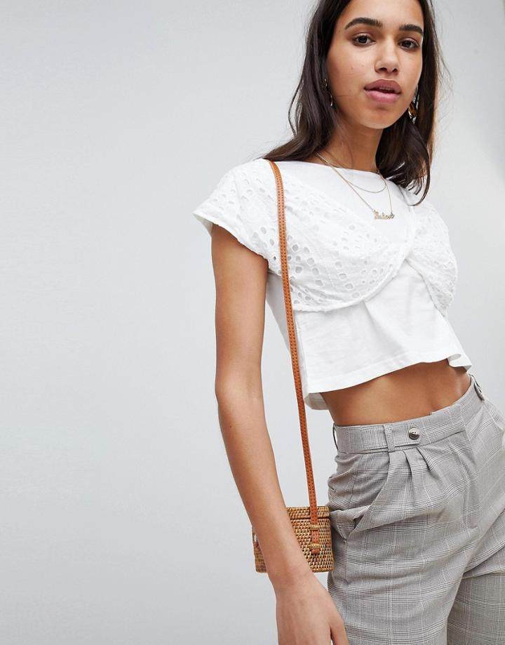 Lost Ink Top With Wrap Front Broderie Layer - White