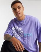 Asos Design Oversized Longline T-shirt In Washed Purple With Front Text Print