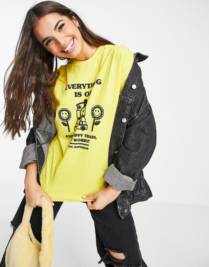 Daisy Street Relaxed T-shirt With Happy Train Print-yellow