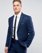 Asos Slim Suit Jacket In Navy Harris Tweed Herringbone In 100% Wool -