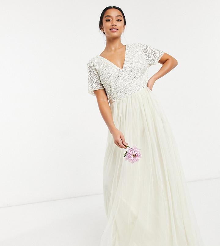 Maya Petite Bridal V Neck Maxi Tulle Dress With Tonal Delicate Sequin In Ecru-white