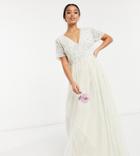 Maya Petite Bridal V Neck Maxi Tulle Dress With Tonal Delicate Sequin In Ecru-white