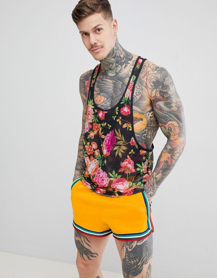 Asos Design Extreme Racer Back Tank With All Over Floral In Fine Mesh - Multi