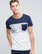 Esprit Leaf Panel Print T-shirt With Contrast Pocket - Navy