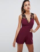 Asos Design Romper With Lace Detail - Red